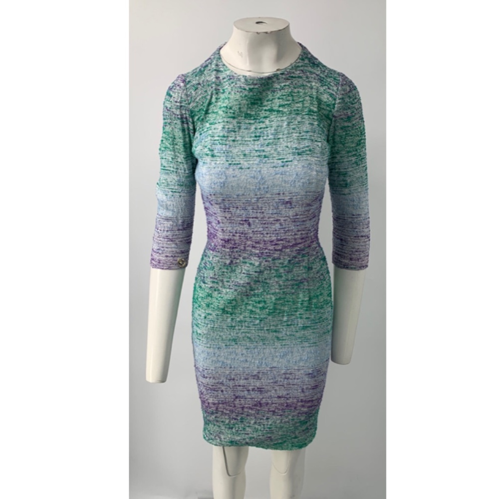 Cavalli Class Purple Green Blue Stripe Tweed Dress sz 10